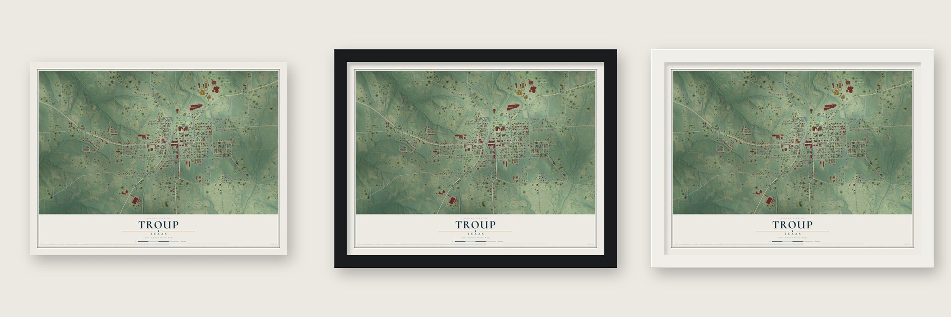 Troup, Texas map unframed, in a black wood frame and in a white wood frame