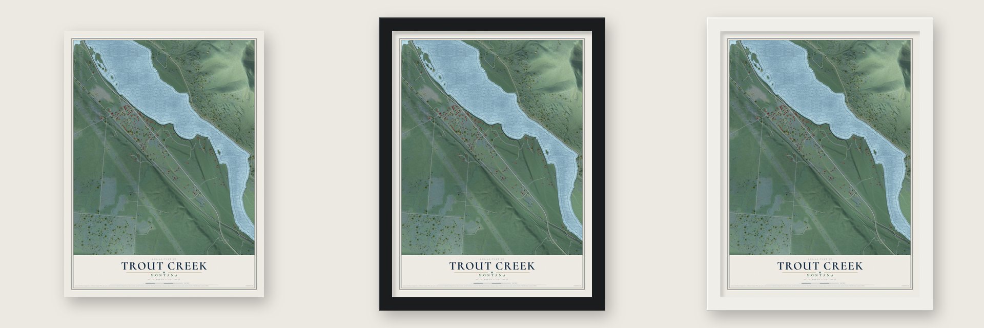 Trout Creek, Montana map unframed, in a black wood frame and in a white wood frame