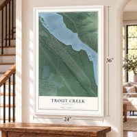 Trout Creek, Montana map, 24 x 36 inch print in a white frame by a staircase