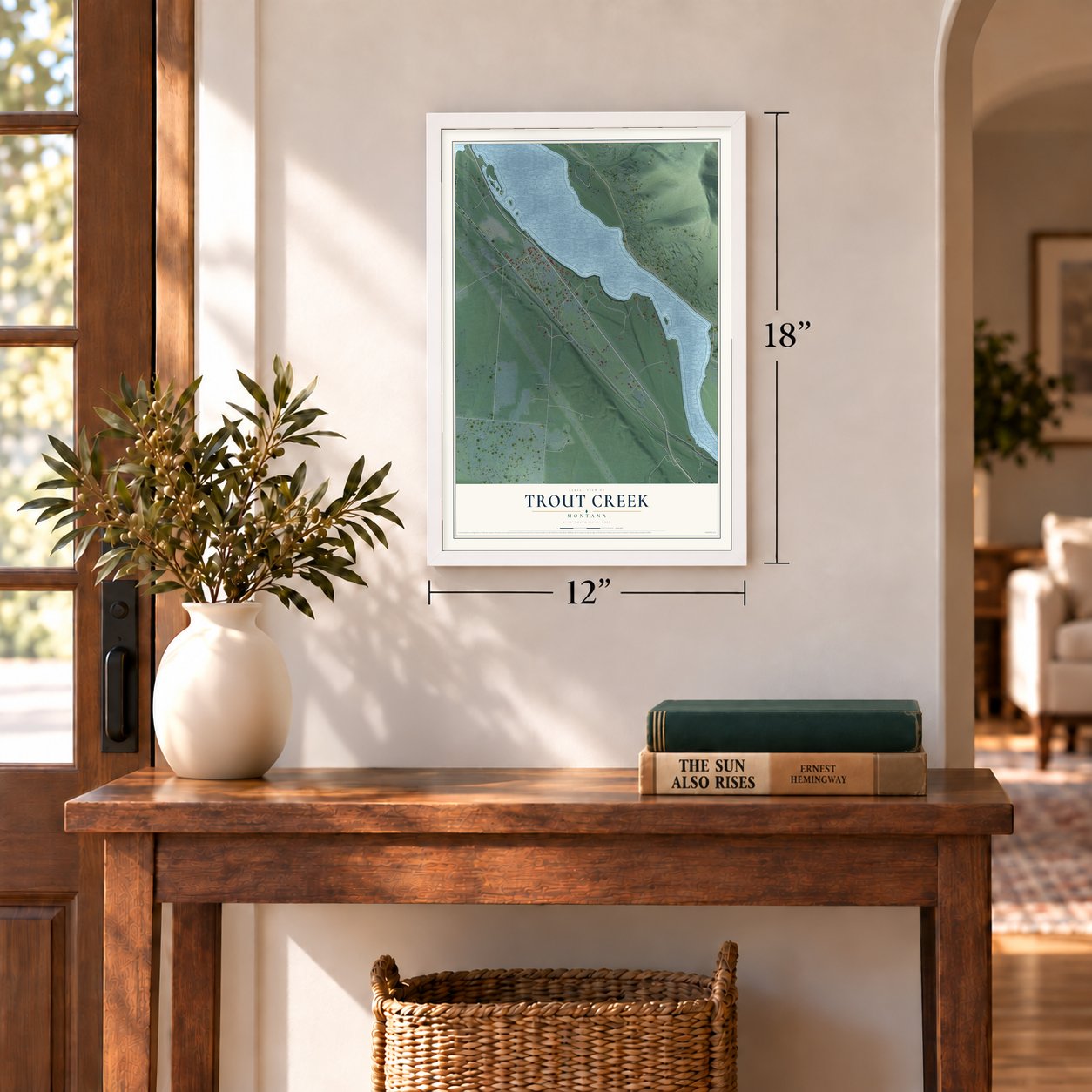 Trout Creek, Montana map, 12 x 18 inch print in a white frame in an entryway