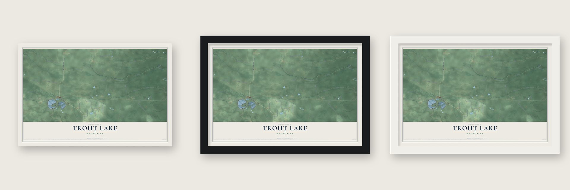 Trout Lake, Michigan map unframed, in a black wood frame and in a white wood frame