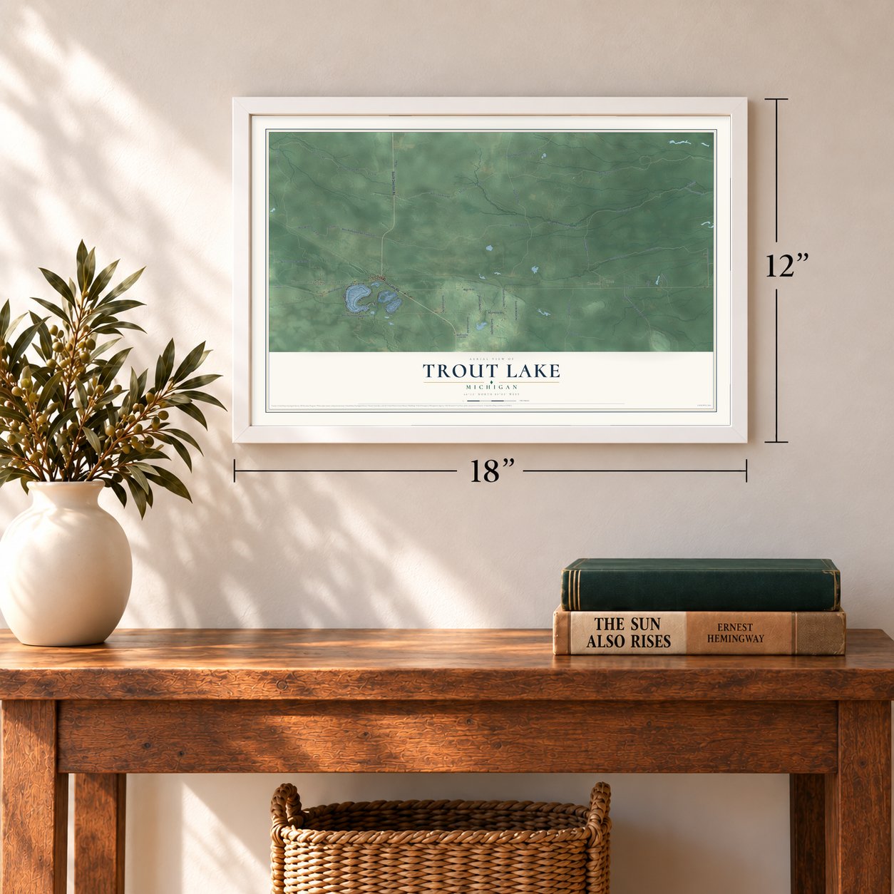 Trout Lake, Michigan map, 12 x 18 inch print in a white frame in an entryway