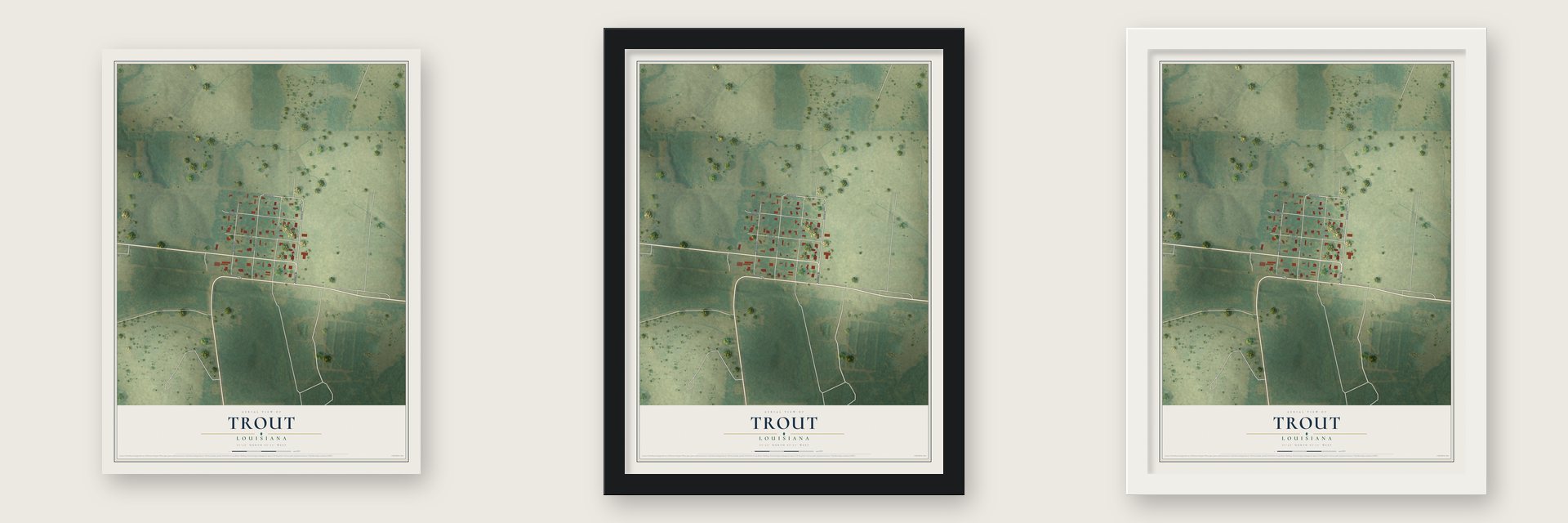Trout, Louisiana map unframed, in a black wood frame and in a white wood frame