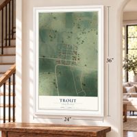 Trout, Louisiana map, 24 x 36 inch print in a white frame by a staircase