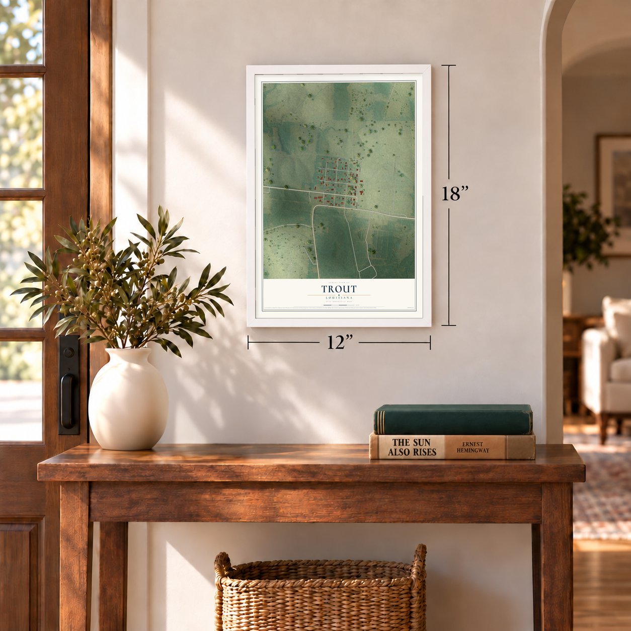 Trout, Louisiana map, 12 x 18 inch print in a white frame in an entryway