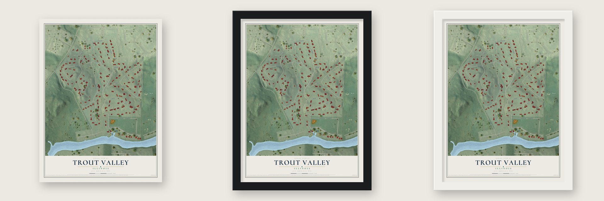 Trout Valley, Illinois map unframed, in a black wood frame and in a white wood frame