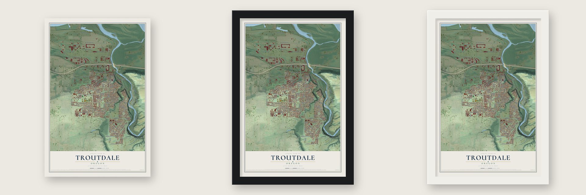 Troutdale, Oregon map unframed, in a black wood frame and in a white wood frame