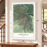 Troutdale, Oregon map, 24 x 36 inch print in a white frame by a staircase