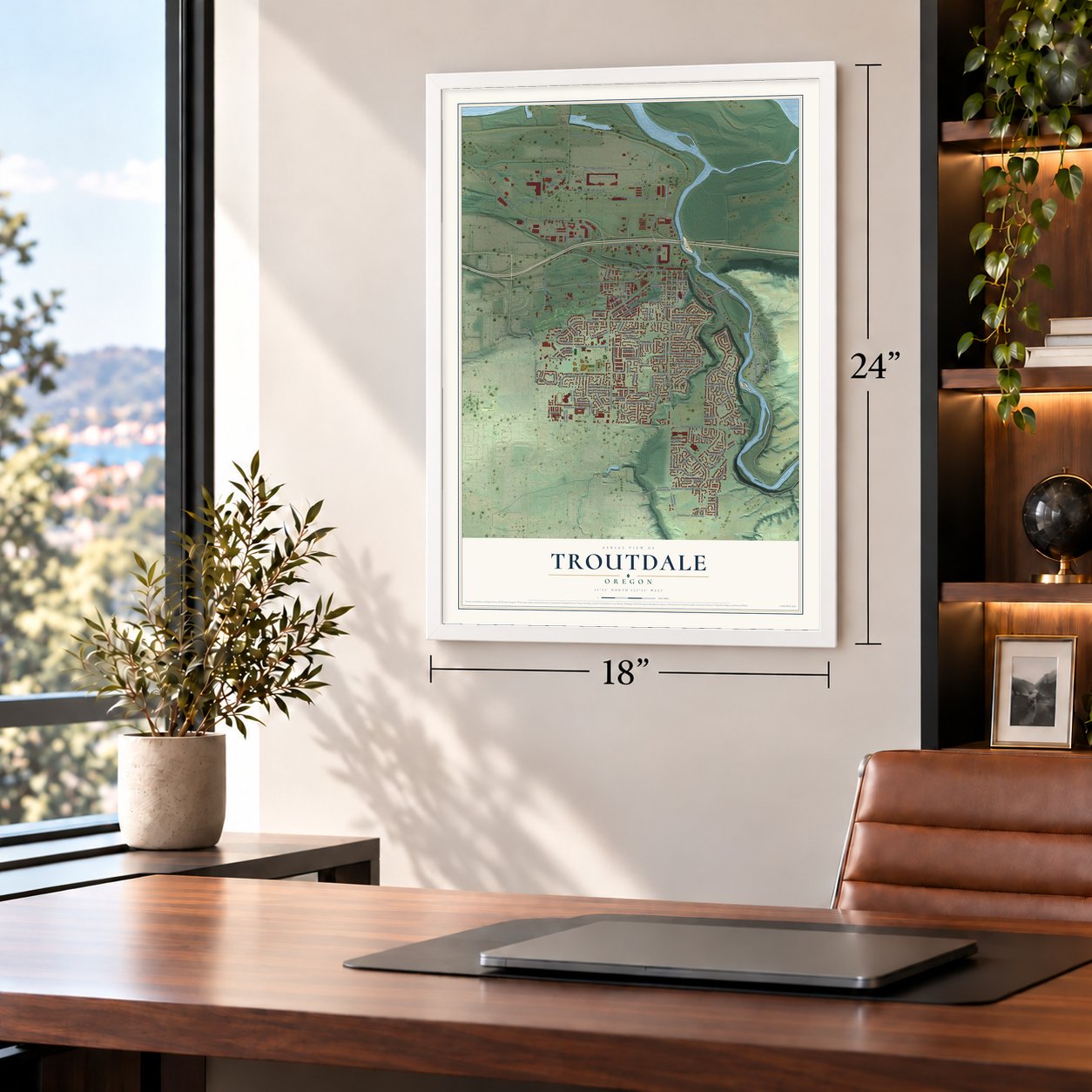 Troutdale, Oregon map, 18 x 24 inch print in a white frame in a home office