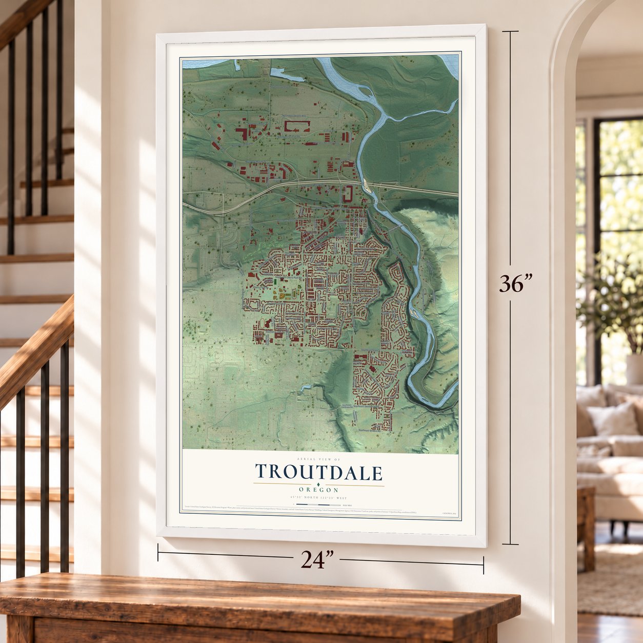Troutdale, Oregon map, 24 x 36 inch print in a white frame by a staircase