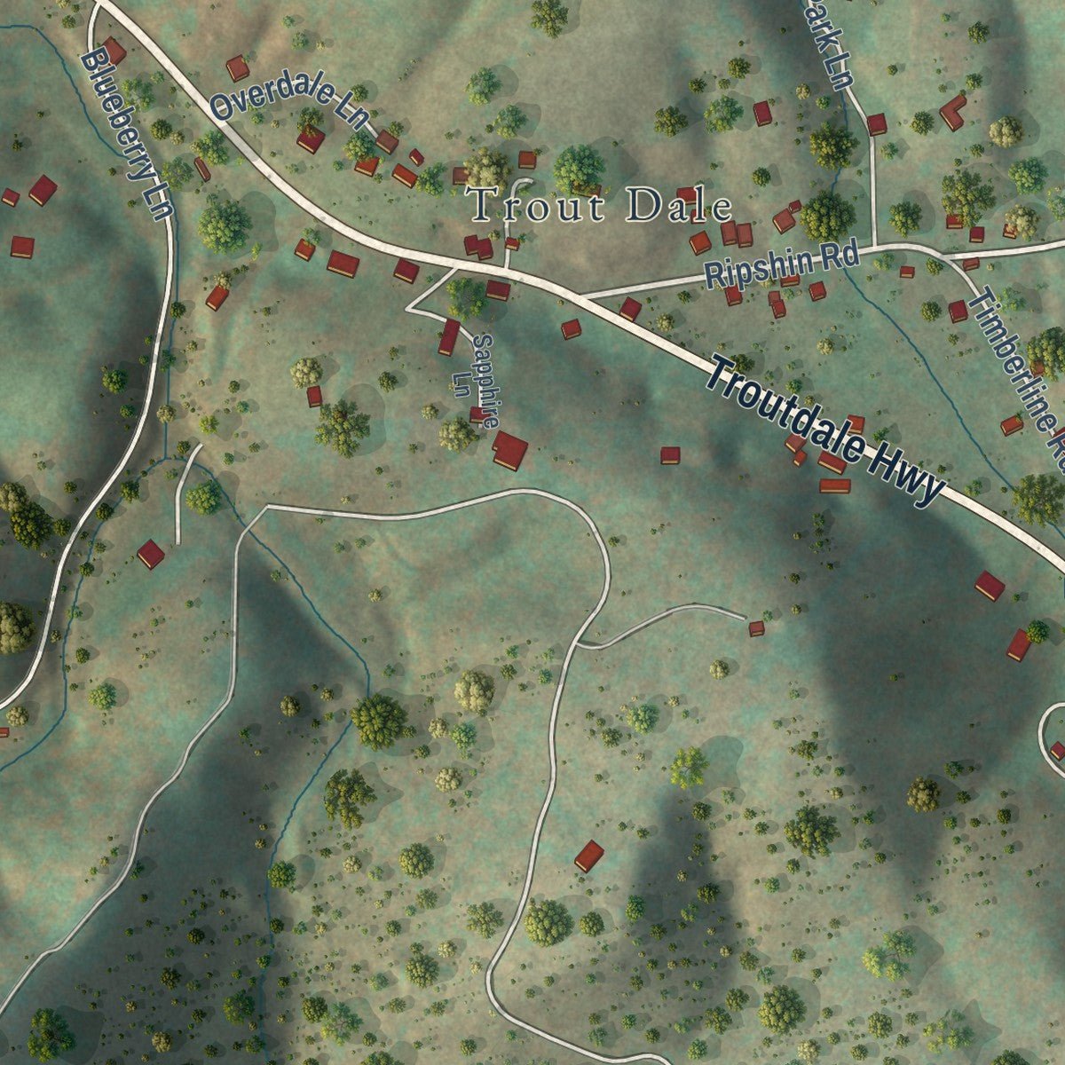 Second close-up of the map of Troutdale, Virginia print showing more streets and buildings