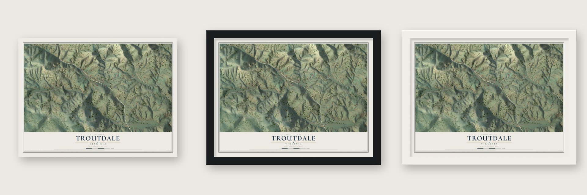 Troutdale, Virginia map unframed, in a black wood frame and in a white wood frame