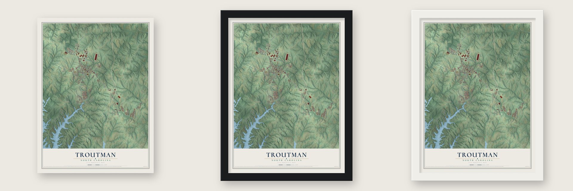 Troutman, North Carolina map unframed, in a black wood frame and in a white wood frame