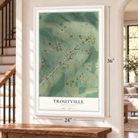 Troutville, Pennsylvania map, 24 x 36 inch print in a white frame by a staircase