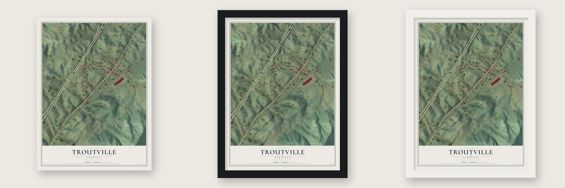 Troutville, Virginia map unframed, in a black wood frame and in a white wood frame