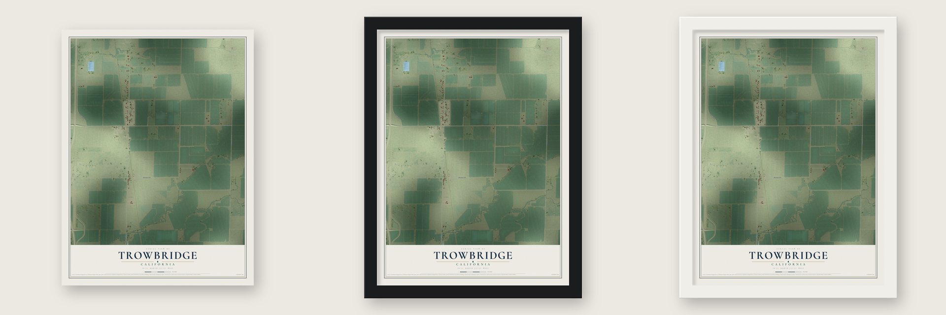 Trowbridge, California map unframed, in a black wood frame and in a white wood frame