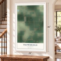 Trowbridge, California map, 24 x 36 inch print in a white frame by a staircase