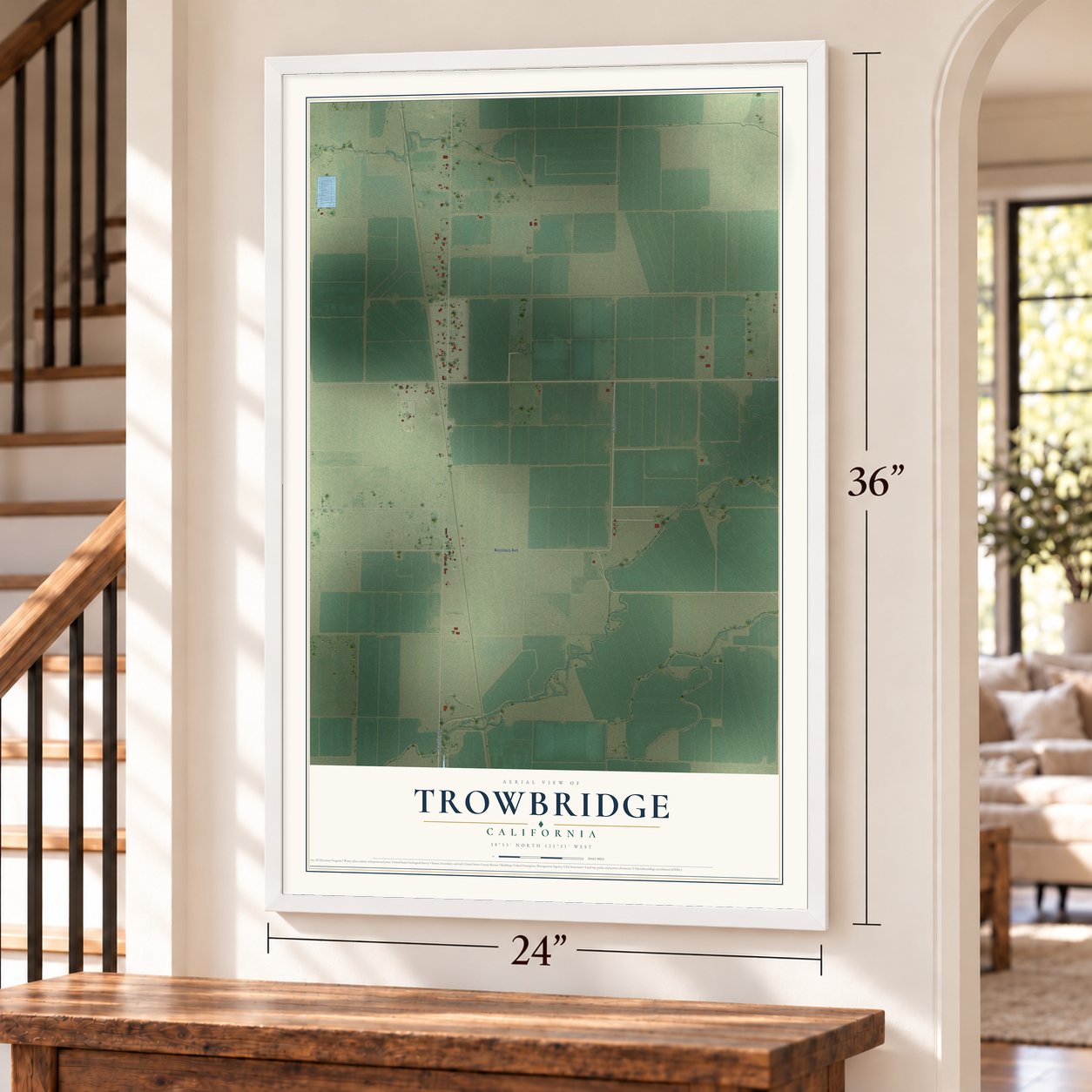 Trowbridge, California map, 24 x 36 inch print in a white frame by a staircase