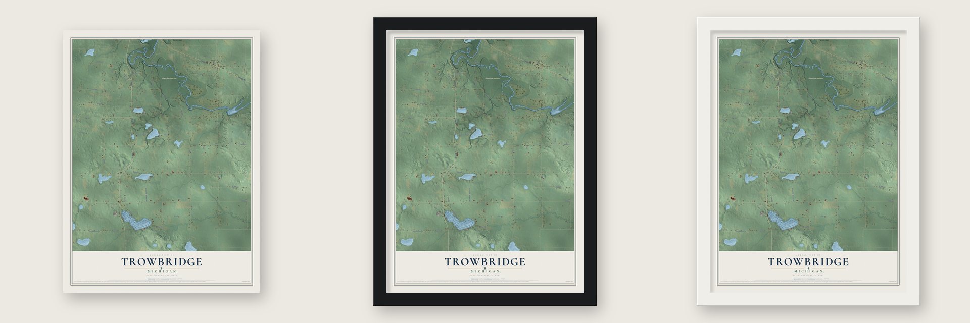 Trowbridge, Michigan map unframed, in a black wood frame and in a white wood frame
