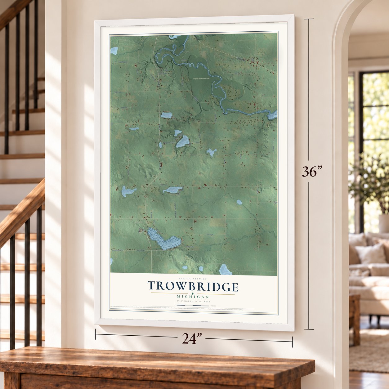 Trowbridge, Michigan map, 24 x 36 inch print in a white frame by a staircase