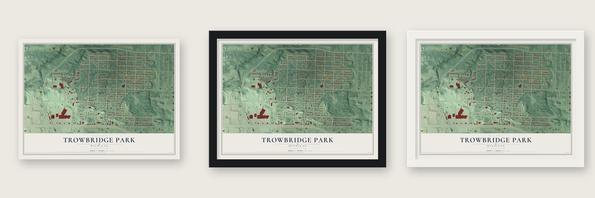 Trowbridge Park, Michigan map unframed, in a black wood frame and in a white wood frame