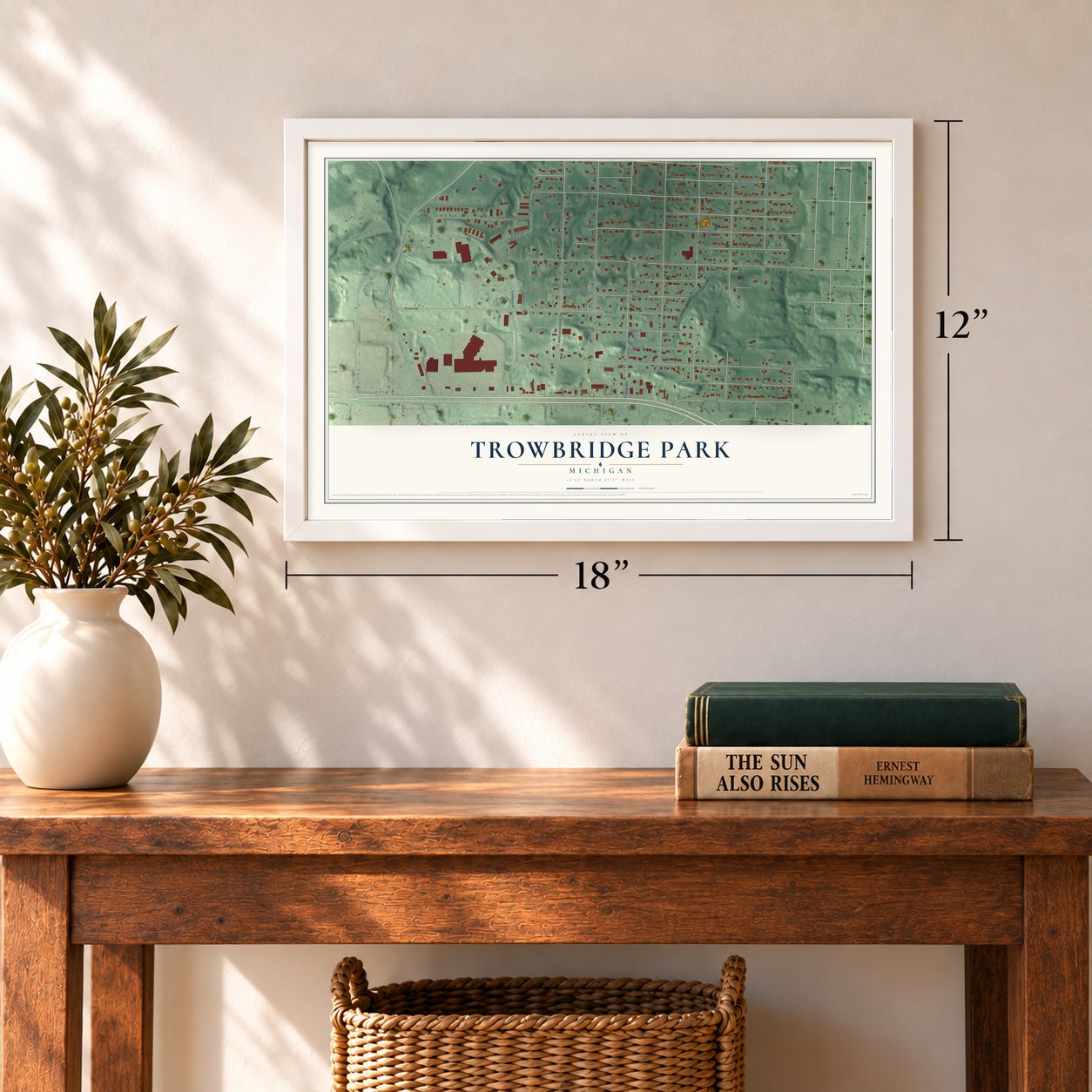 Trowbridge Park, Michigan map, 12 x 18 inch print in a white frame in an entryway