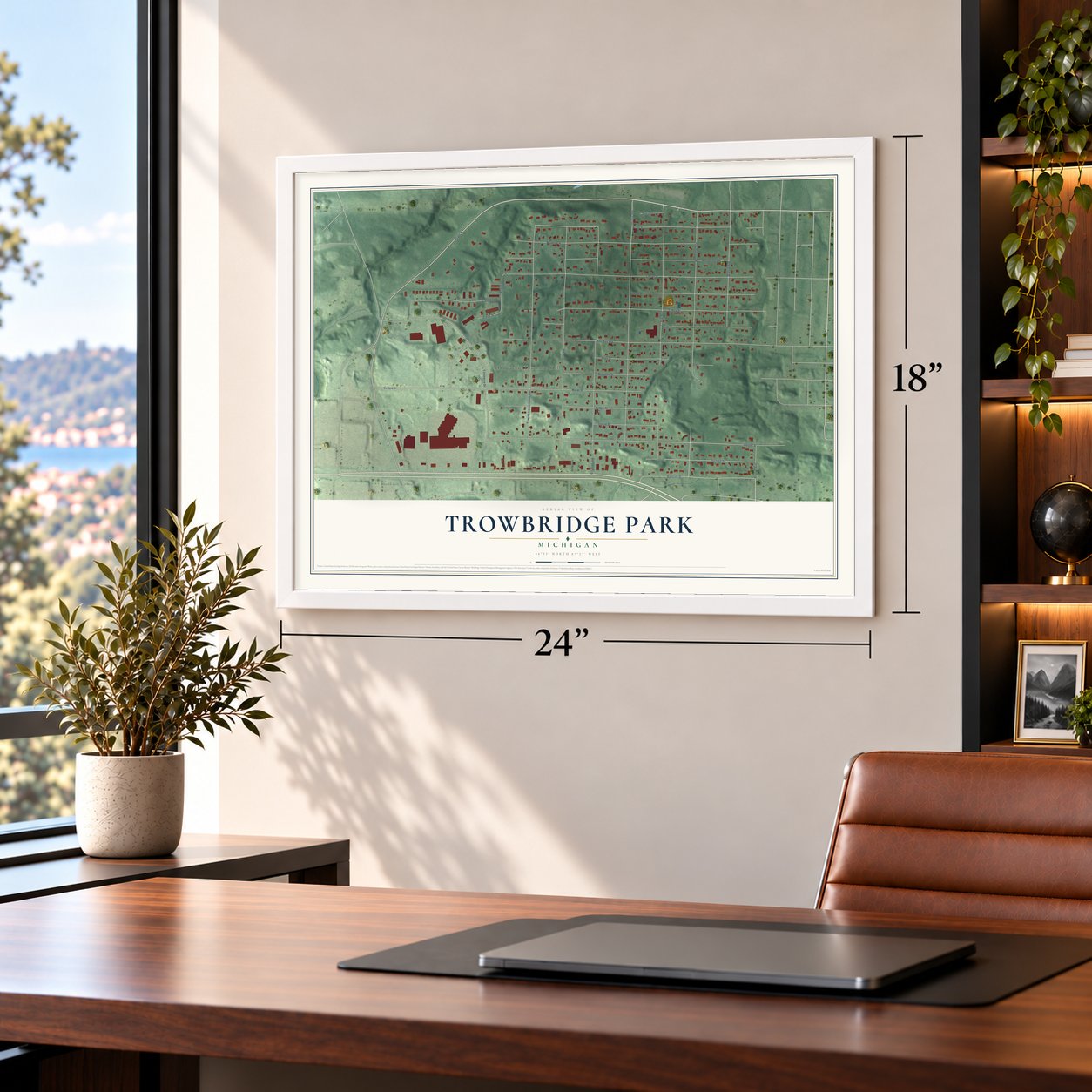 Trowbridge Park, Michigan map, 18 x 24 inch print in a white frame in a home office