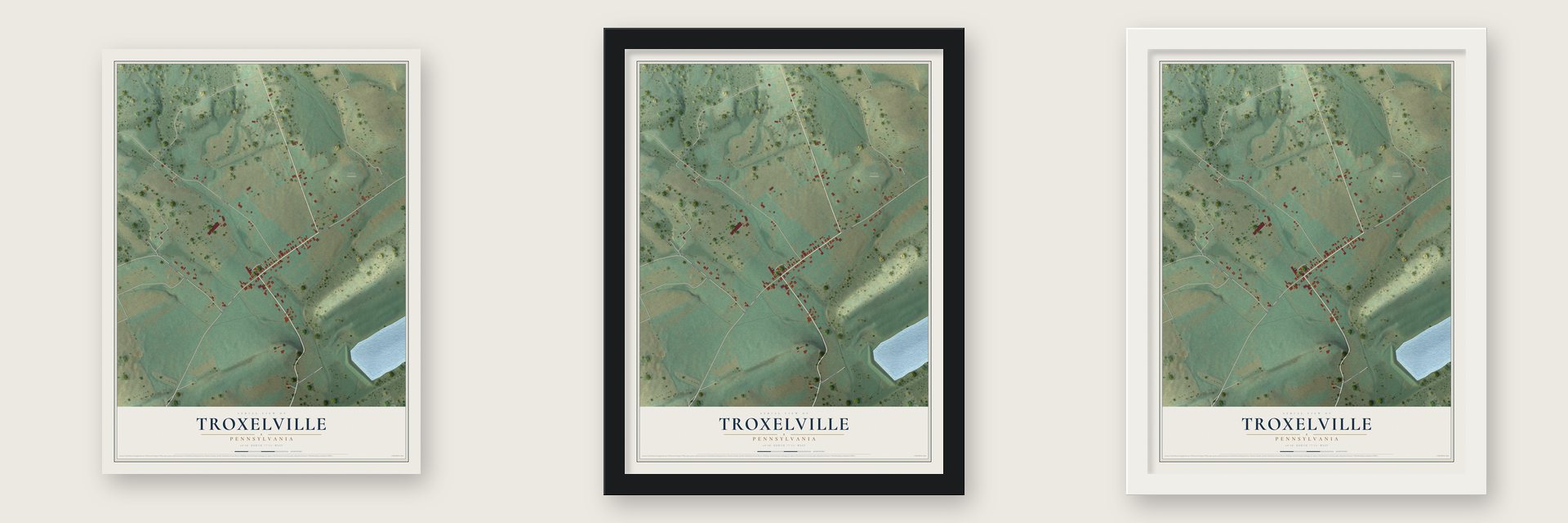 Troxelville, Pennsylvania map unframed, in a black wood frame and in a white wood frame