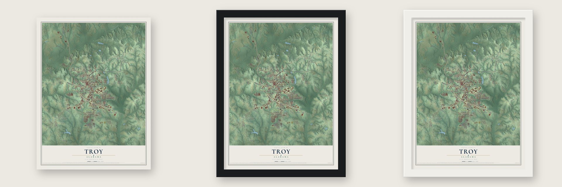 Troy, Alabama map unframed, in a black wood frame and in a white wood frame