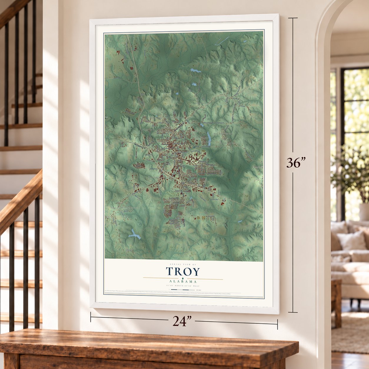 Troy, Alabama map, 24 x 36 inch print in a white frame by a staircase