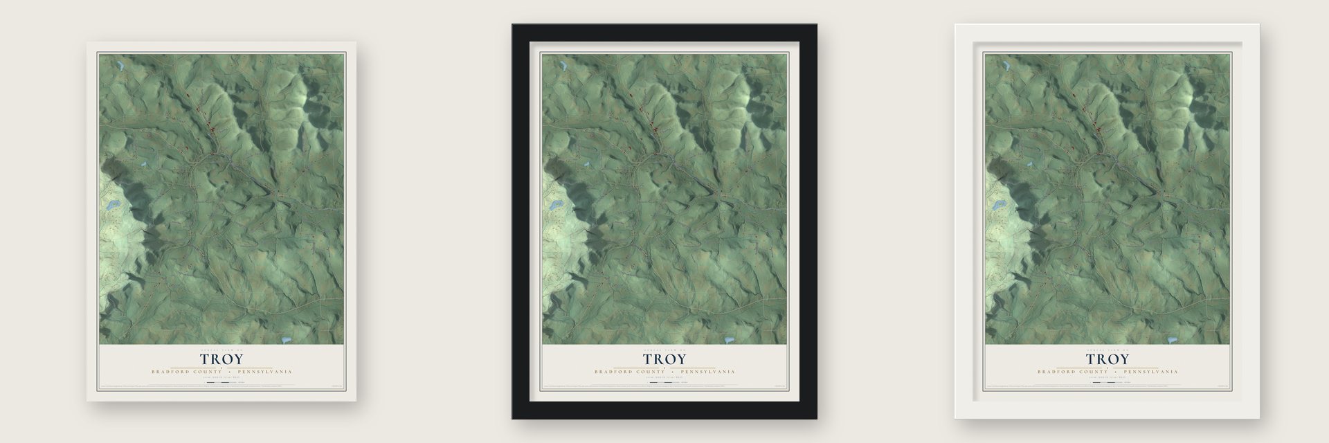 Troy, Bradford County, Pennsylvania map unframed, in a black wood frame and in a white wood frame
