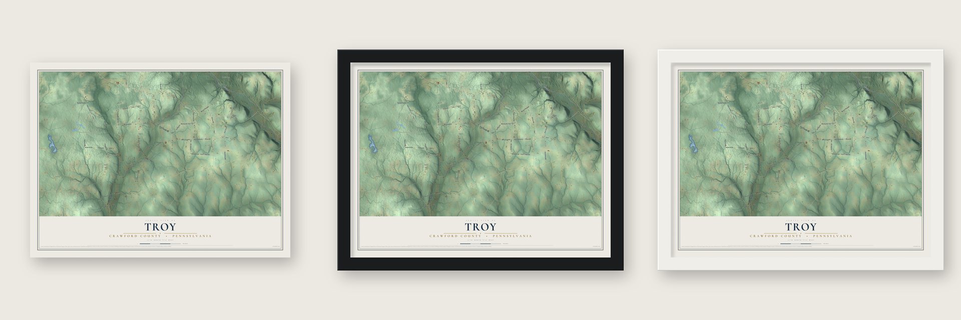 Troy, Crawford County, Pennsylvania map unframed, in a black wood frame and in a white wood frame