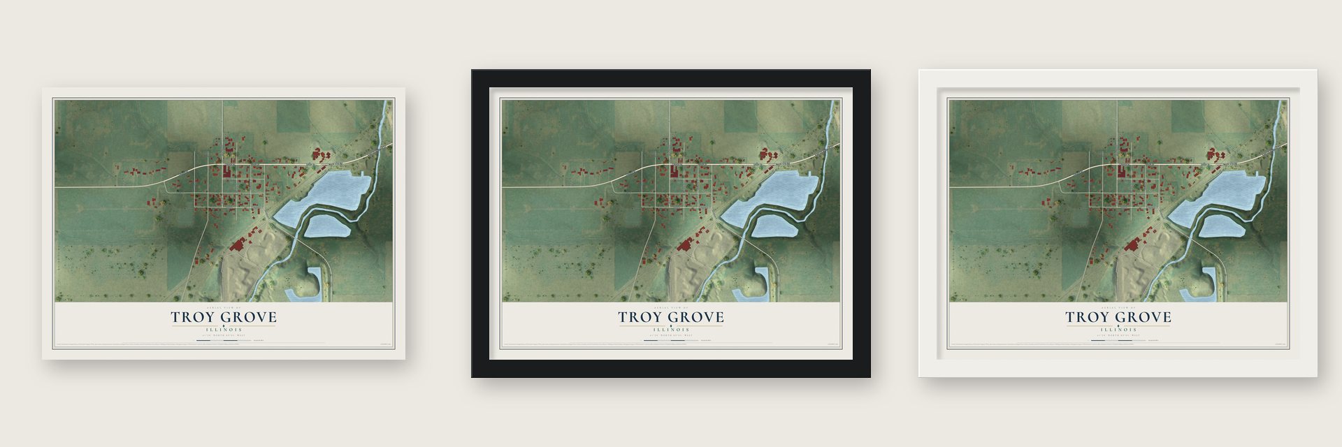 Troy Grove, Illinois map unframed, in a black wood frame and in a white wood frame