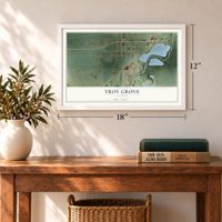 Troy Grove, Illinois map, 12 x 18 inch print in a white frame in an entryway