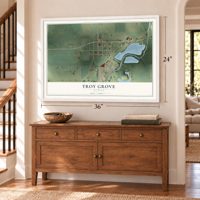 Troy Grove, Illinois map, 24 x 36 inch print in a white frame above a dresser by a staircase