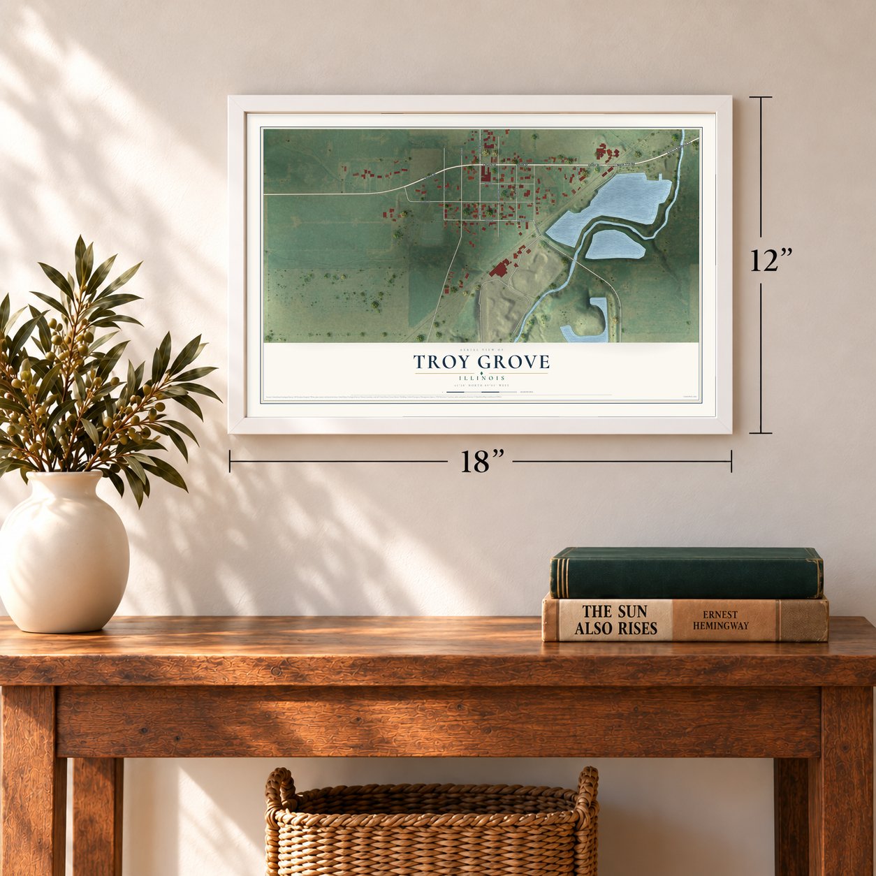 Troy Grove, Illinois map, 12 x 18 inch print in a white frame in an entryway