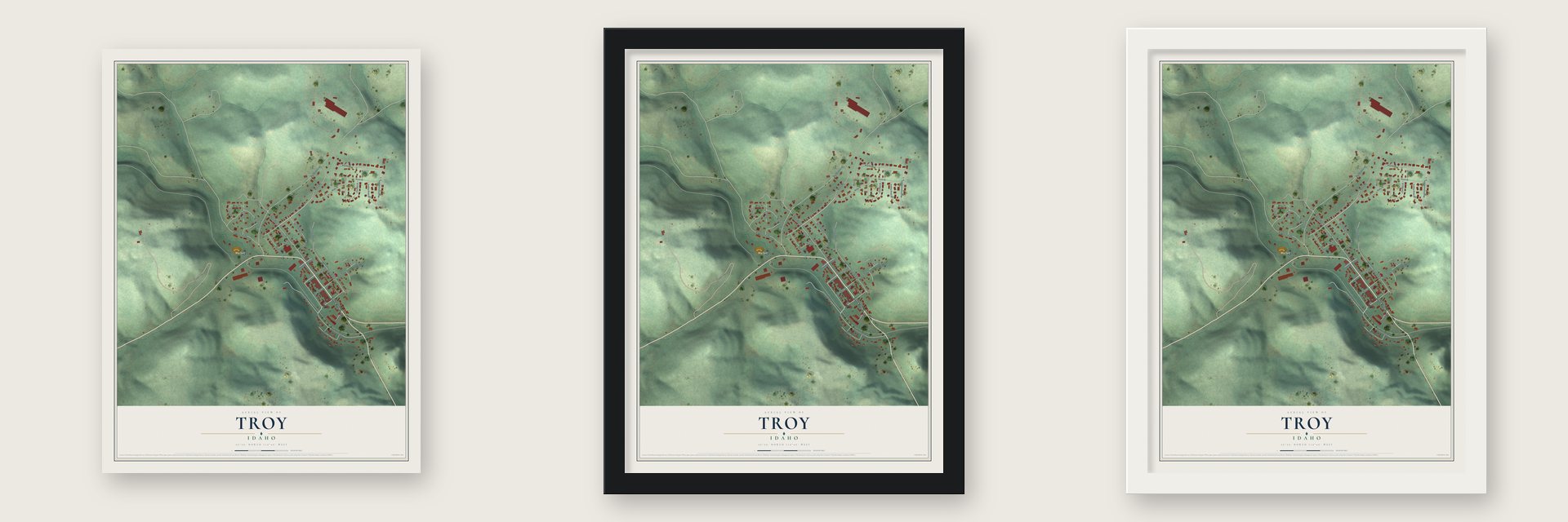 Troy, Idaho map unframed, in a black wood frame and in a white wood frame