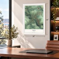 Troy, Idaho map, 18 x 24 inch print in a white frame in a home office