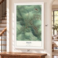 Troy, Idaho map, 24 x 36 inch print in a white frame by a staircase