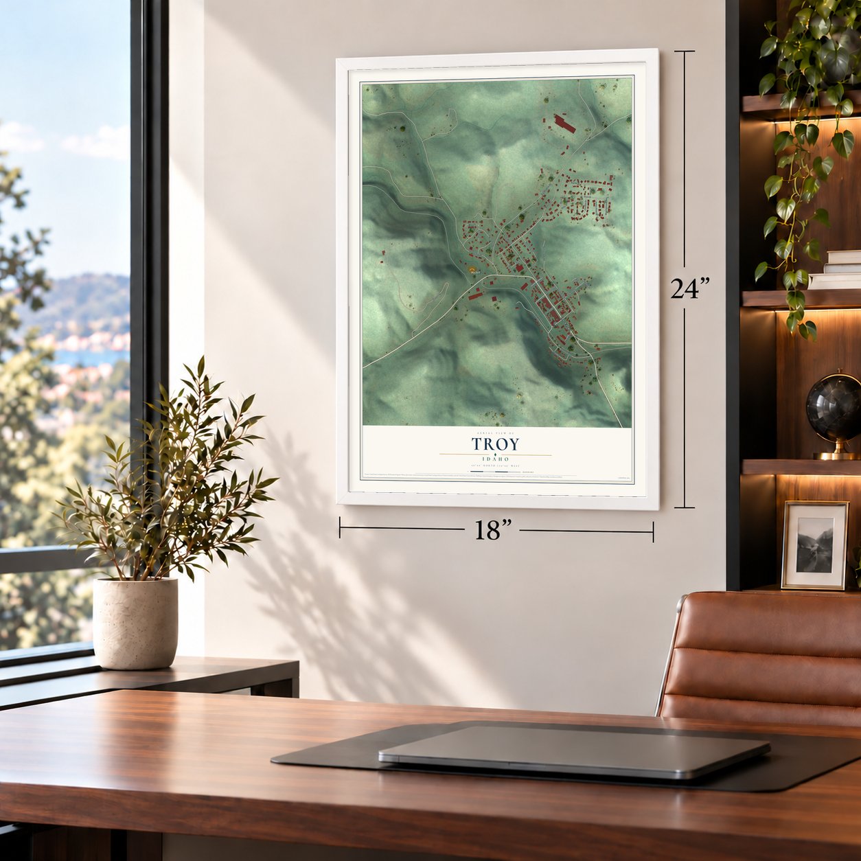 Troy, Idaho map, 18 x 24 inch print in a white frame in a home office