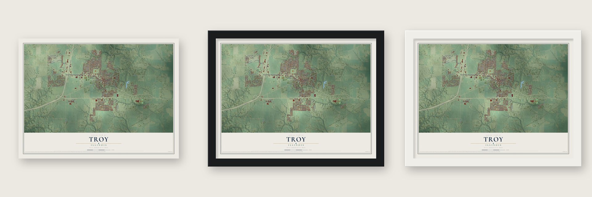 Troy, Illinois map unframed, in a black wood frame and in a white wood frame