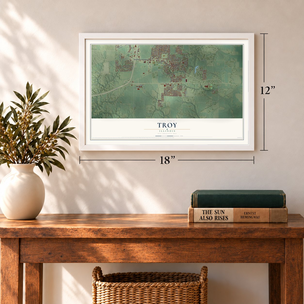 Troy, Illinois map, 12 x 18 inch print in a white frame in an entryway