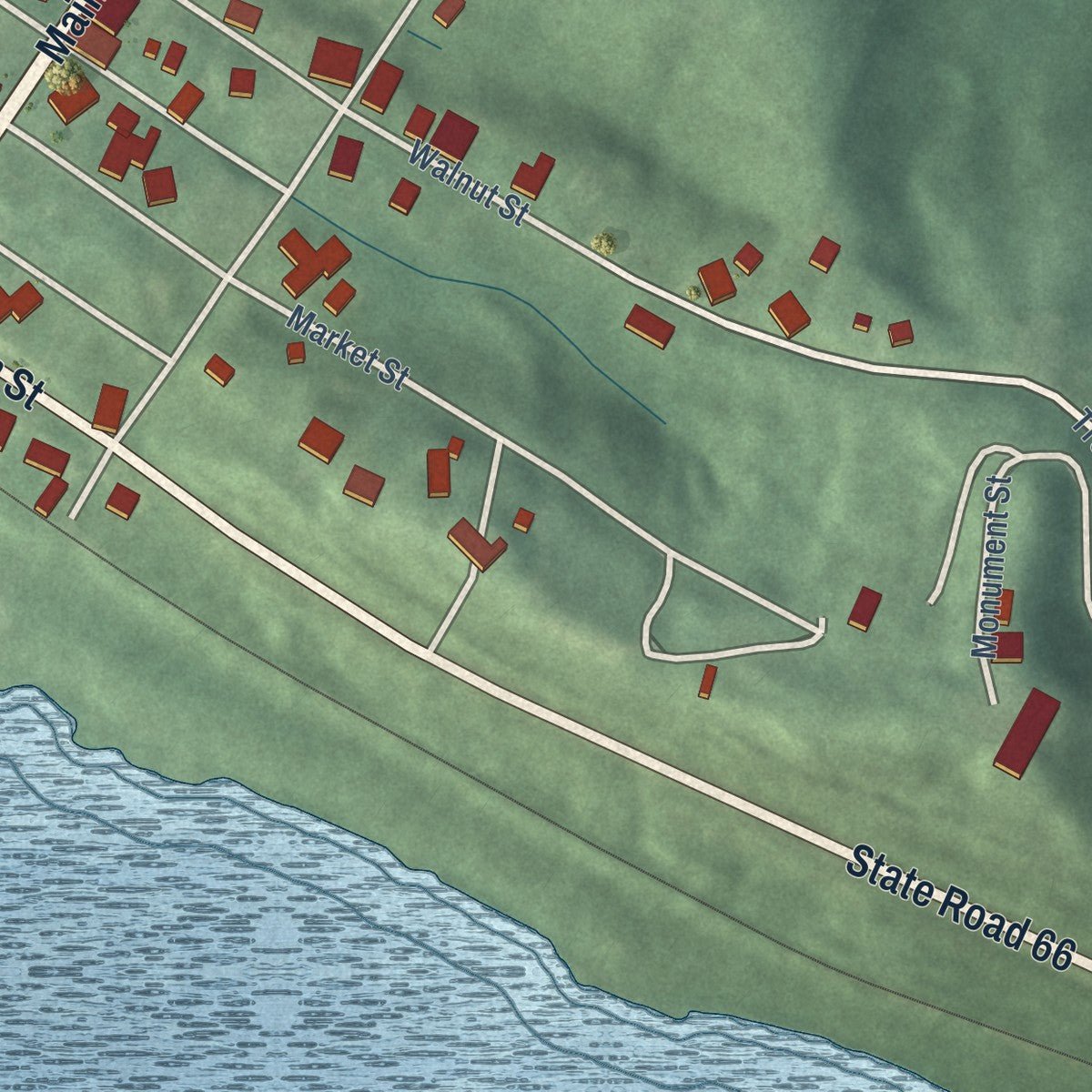 Second close-up of the map of Troy, Indiana print showing more streets and buildings