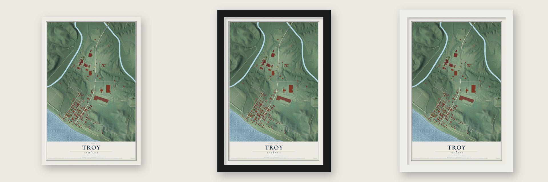 Troy, Indiana map unframed, in a black wood frame and in a white wood frame