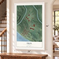 Troy, Indiana map, 24 x 36 inch print in a white frame by a staircase