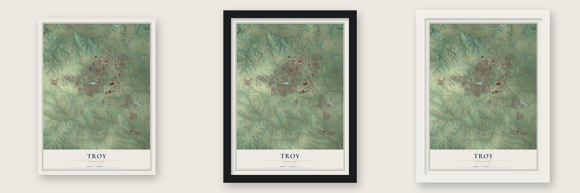 Troy, Missouri map unframed, in a black wood frame and in a white wood frame