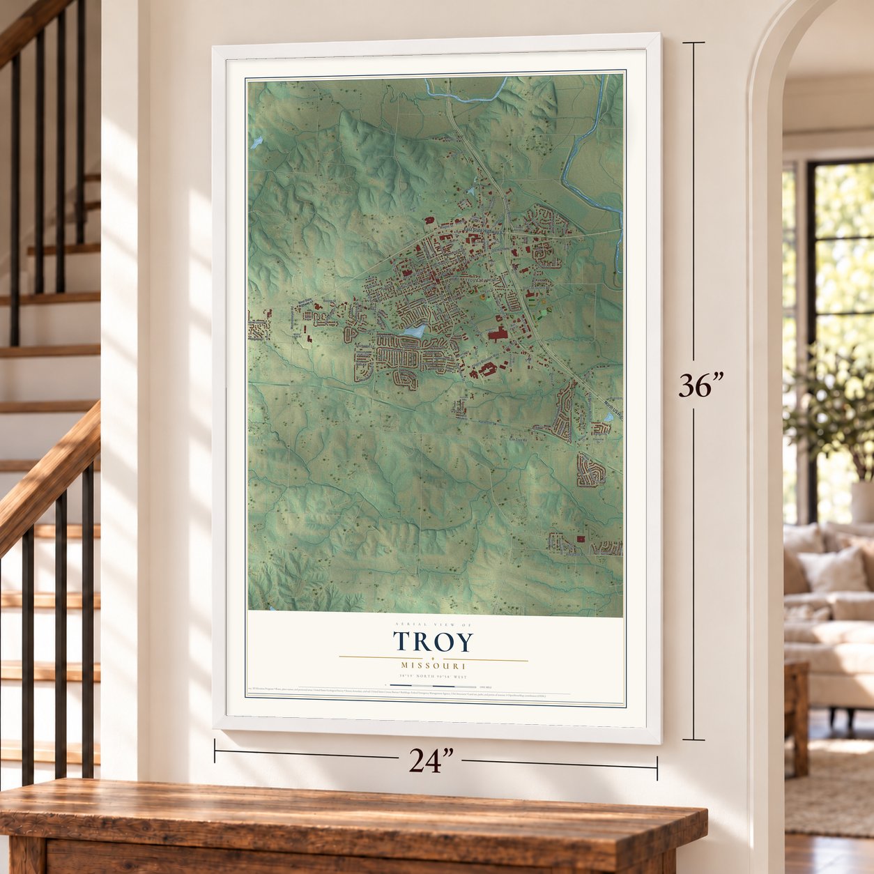 Troy, Missouri map, 24 x 36 inch print in a white frame by a staircase