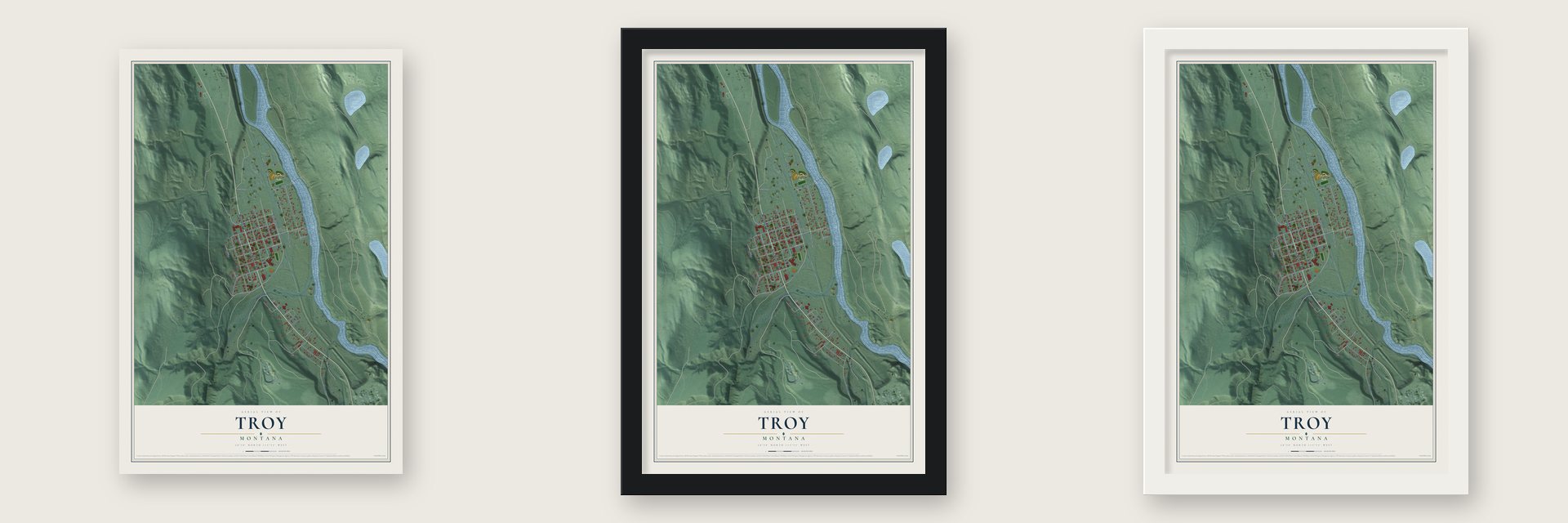 Troy, Montana map unframed, in a black wood frame and in a white wood frame