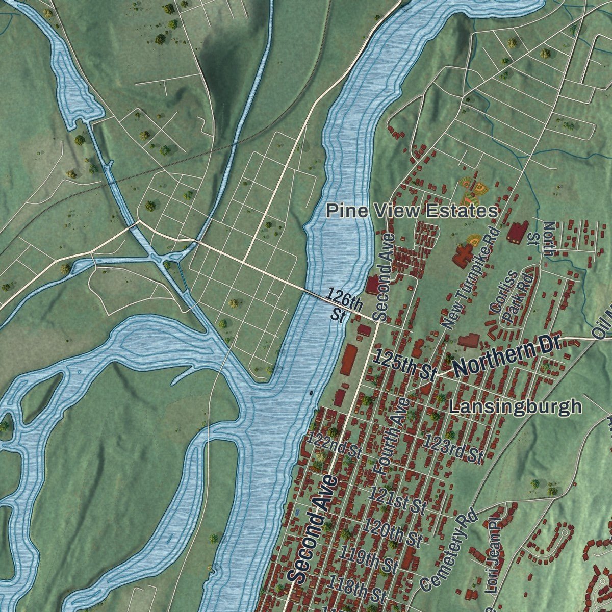 Second close-up of the map of Troy, New York print showing more streets and buildings