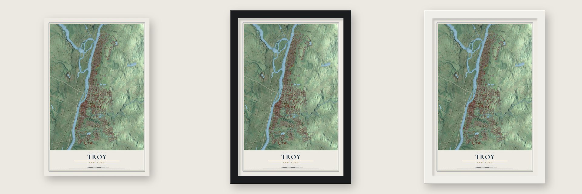 Troy, New York map unframed, in a black wood frame and in a white wood frame